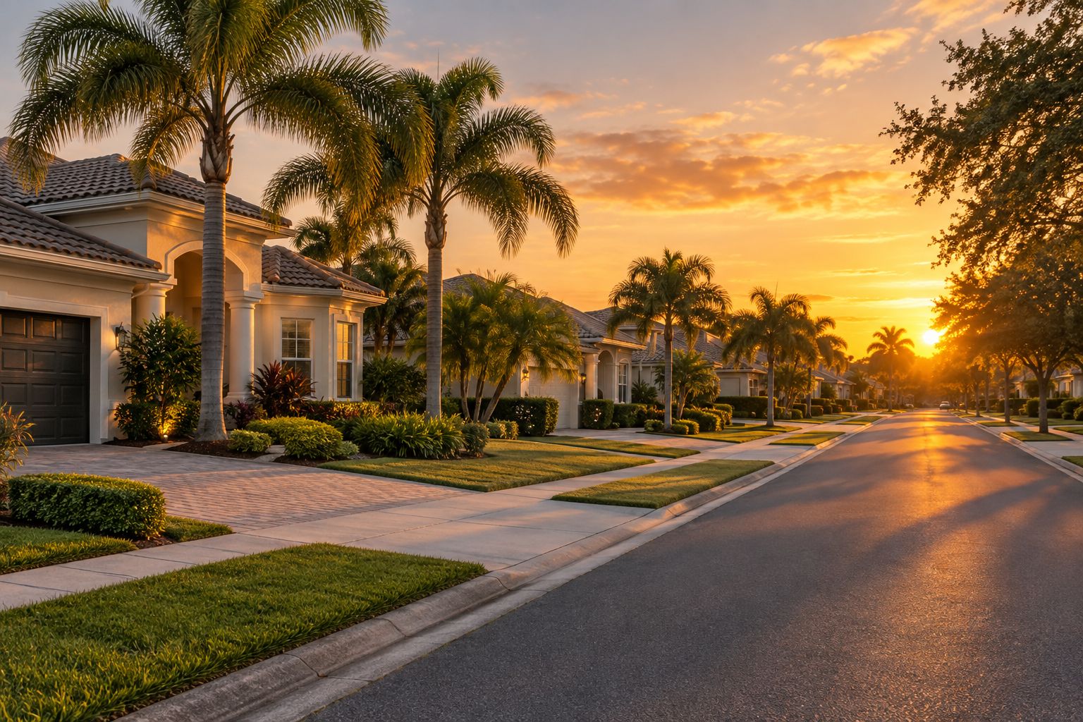 A quiet Tampa, Florida residential street lined with palm trees, illustrative