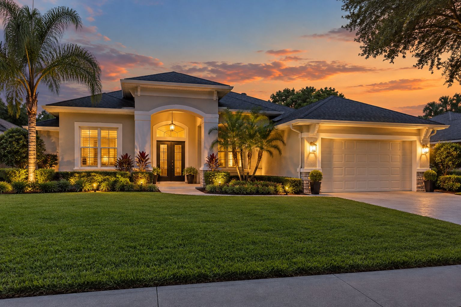 A Tampa area home exterior at dusk, illustrative